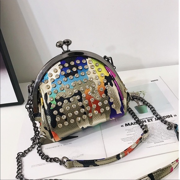 Lady Chic Rhinestones Kiss Lock PU Leather Chain Shoulder/Crossbody Bag - Picture 7 of 8